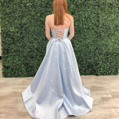 Light Blue Satin Beaded Prom Dresses, Lovely Prom Dresses, Side Slit Prom Dresses, 2020 Prom Dresses