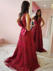 2020 V-neck Lace Long Prom Dresses, Elegant Prom Dresses, New Fashion Prom Dresses
