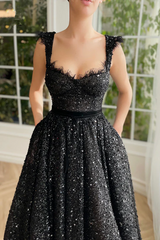 Newest A-line Black Sequins Long Prom Dresses, Girl Graduation Party Dresses, 2023 Prom Dresses