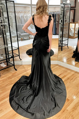 Black Mermaid Newest Long Prom Dresses, 2025 Lace Bridesmaid Dresses, Appliques Girl Party Dresses