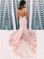 Blush Pink Jersey Appliques Prom Dresses, Mermaid Prom Dresses, Long Prom Dresses