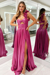 2025 One Shoulder A-line Evening Dresses, Floral Newest Long Prom Dresses, Fashion Bridesmaid Dresses