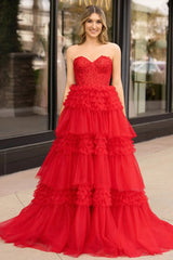 A-line Luxury Red Color Wedding Dresses, Strapless Newest Long Prom Dresses