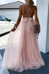 Deep V-neck Newest Long Prom Dresses, Lace A-line Bridesmaid Dresses, Tulle Evening Party Dresses