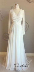 Long Sleeves V-neck Wedding Dresses, Simple Design Chiffon Lace Wedding Dresses