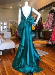 Elegant V-neck Long Sheath Satin Prom Dresses, Long Prom Dresses, Prom Dresses