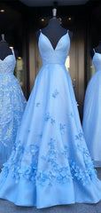 3D Flower Elegant Satin Long Prom Dresses, Modest V-neck 2020 Long Prom Dresses