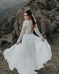 Long Sleeves V-neck Lace Wedding Dresses, Chiffon Beach Wedding Dresses