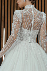 High Neck Sequin Tulle Wedding Dresses, A-line Bridal Gown, Shiny Wedding Dresses