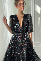 Deep V-neck Bubble Sleeves Colorful Rhinestones Prom Dresses, Black Maxi Dresses, Party Dresses, Formal Evening Dresses