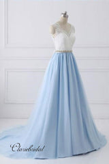 Light Blue Color Lace V-neck Prom Dresses, Long Prom Dresses 2019, A-line Prom Dresses