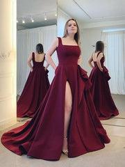 Long A-line Prom Dresses, Maroon Prom Dresses, Satin Prom Dresses, 2021 Prom Dresses, Cheap Prom Dresses