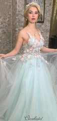 Modest Appliques Prom Dresses 2020, Straps Tulle Prom Dresses Long