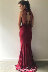 High Neck Maroon Lace Jersey Mermaid Prom Dresses
