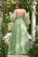 Corset Green Floral A-line Prom Dresses With Detachable Sleeves, Popular 2023 Prom Dresses, Beachy Prom Dresses