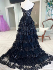 A-line Black Tulle Sequin Lace Edge Ruffles Prom Dresses, Evening Dresses, Newest Prom Dresses