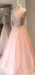 A Line V Neck Sequins Pink Long Prom Dress, Appliquqes 2021 Evening Party Prom Dresses