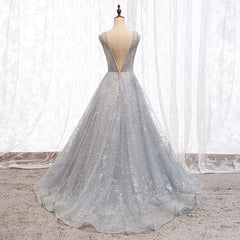 Light Grey Sequin Tulle Elegant Long Prom Dresses, A-line 2021 Prom Dresses, Beaded Prom Dresses
