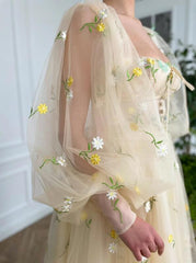 Long Sleeves Popular Flower Long Prom Dresses, 2022 Girl Evening Party Dresses, Wedding Dresses