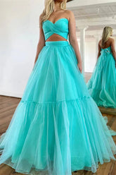 2 Pieces Sweetheart A-line Prom Dresses, Unique Tulle Prom Dresses, Newest Prom Dresses