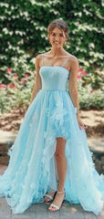 High Low Light Blue A-line Long Prom Dresses, 2021 Evening Party Prom Dresses