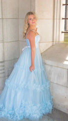 Lovely Pale Blue Satin Tulle Prom Dresses, A-line Prom Dresses, 2022 Prom Dresses, Cheap Prom Dresses, Newest Ruffled Prom Dresses