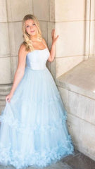 Lovely Pale Blue Satin Tulle Prom Dresses, A-line Prom Dresses, 2022 Prom Dresses, Cheap Prom Dresses, Newest Ruffled Prom Dresses