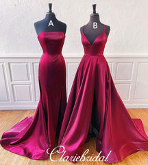 Lovely Plum Satin Prom Dresses, Slit Prom Dresses, Simple Prom Dresses, Affordable Prom Dresses