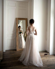 3/4 Sleeves Lace Tulle Wedding Dresses, Country Wedding Dresses, Long Wedding Dresses