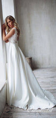 Lace Top Satin Skirt Long A-line Wedding Dresses, Bridal Gown