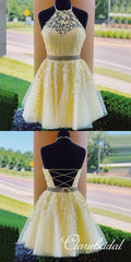 Lovely Yellow Lace Beaded Short Prom Dresses, Popular Homecoming Dresses