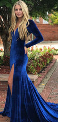 Long Sleeves Velvet Prom Dresses, Royal Blue Open Back Prom Dresses, Prom Dresses