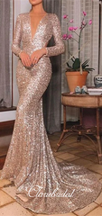 Long Sleeves Sequin Prom Dresses, V-neck Long Mermaid Prom Dresses, Open Back Prom Dresses, Long Prom Dresses