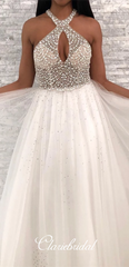 Key Hole Long A-line Ivory Beaded Tulle Prom Dresses, New Arrival Prom Dresses, 2020 Prom Dresses