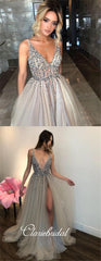 Light Grey Beaded Tulle Prom Dresses, Side Slit Prom Dresses, Long Prom Dresses