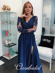 Long Sleeves V-neck Lace Prom Dresses, Long Prom Dresses, Prom Dresses