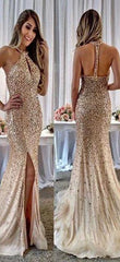 Luxury Rhinestone Beaded Long Mermaid Prom Dresses, Champagne Gold Prom Dresses