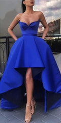 Hi-low Royal Blue Satin Prom Dresses, Affordable Prom Dresses, Long Prom Dresses, 2021 Prom Dresses