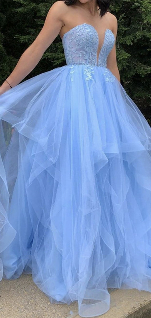 A-line Fluffy Sky Blue Lace Fashion Prom Dresses, Strapless Tulle Lace 2021 Prom Dresses
