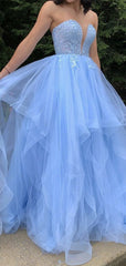 A-line Fluffy Sky Blue Lace Fashion Prom Dresses, Strapless Tulle Lace 2021 Prom Dresses