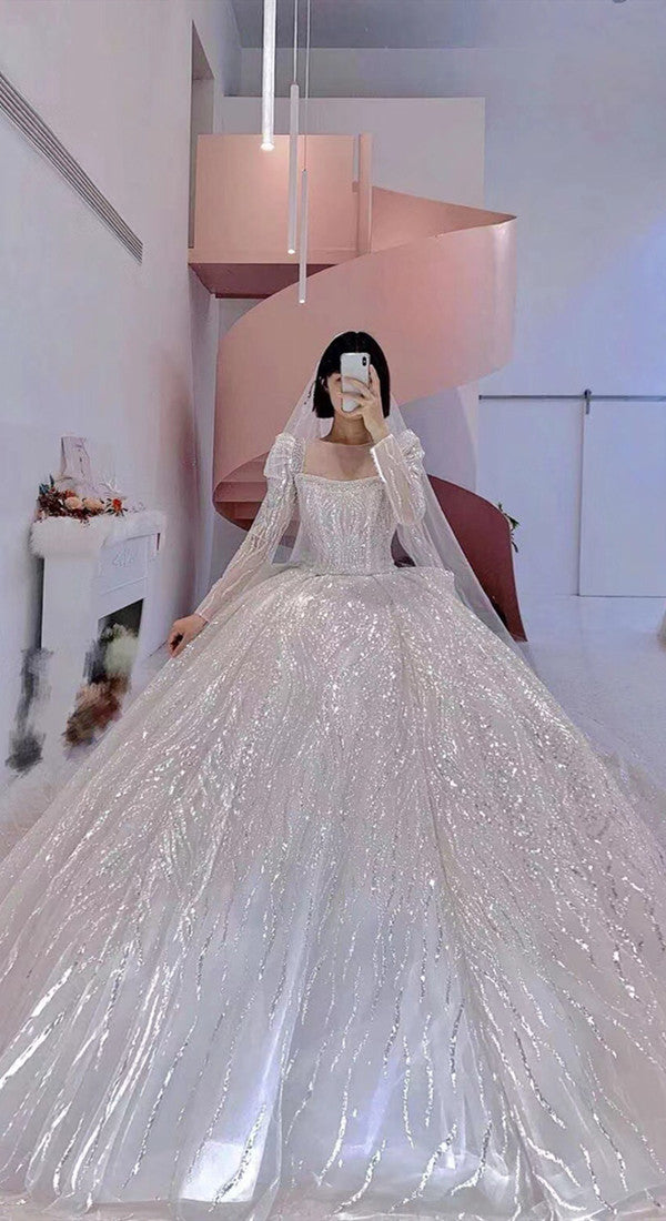 Long Sleeves Luxury Bling Wedding Dresses, Shiny A-line Quality Bridal Gowns