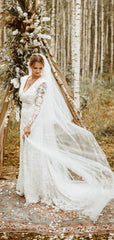 Long Sleeves Popular Lace Wedding Dresses, High Slit Lace Elegant Wedding Dresses