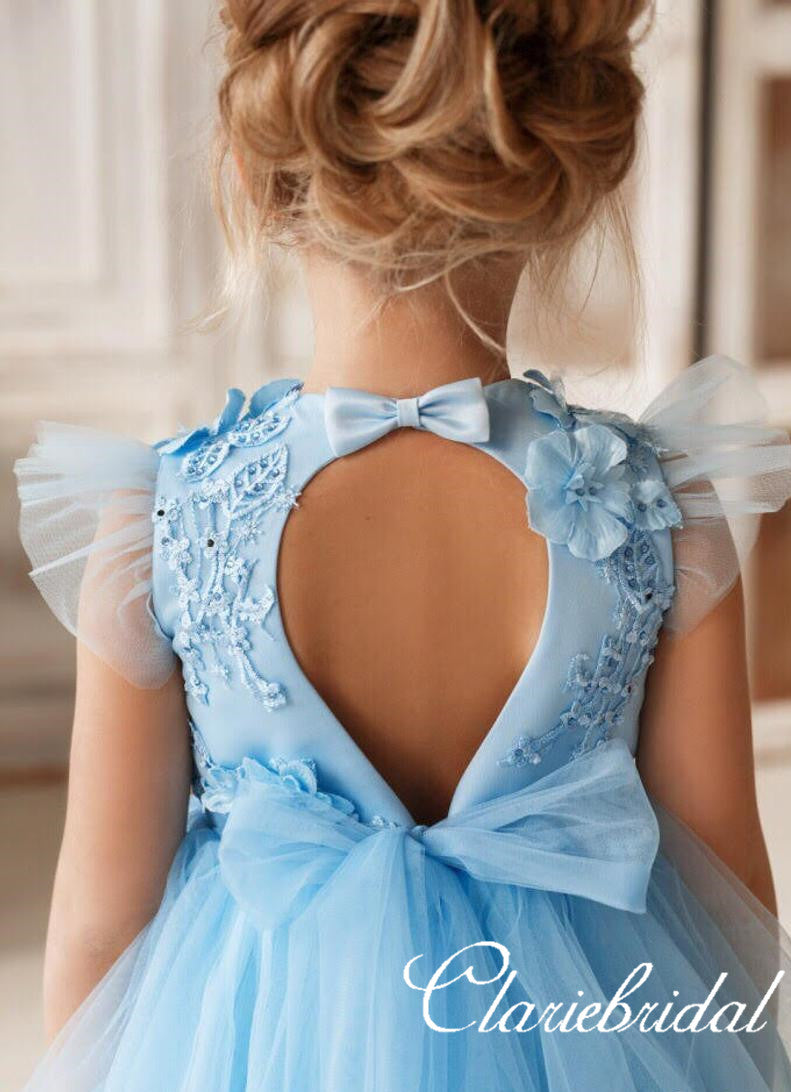 Lovely Cap Sleeves Pale Blue Tulle Appliques Flower Girl Dresses