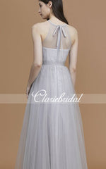 Illusion A-line Silver Tulle A-line Bridesmaid Dresses, Wedding Party Dresses