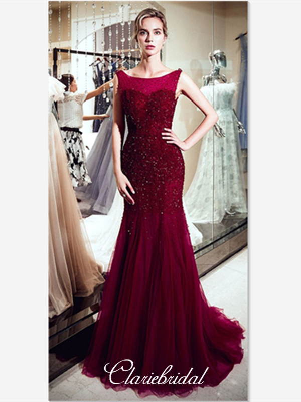 Burgundy Beaded Tulle Long Prom Dresses, Mermaid Newest Prom Dresses