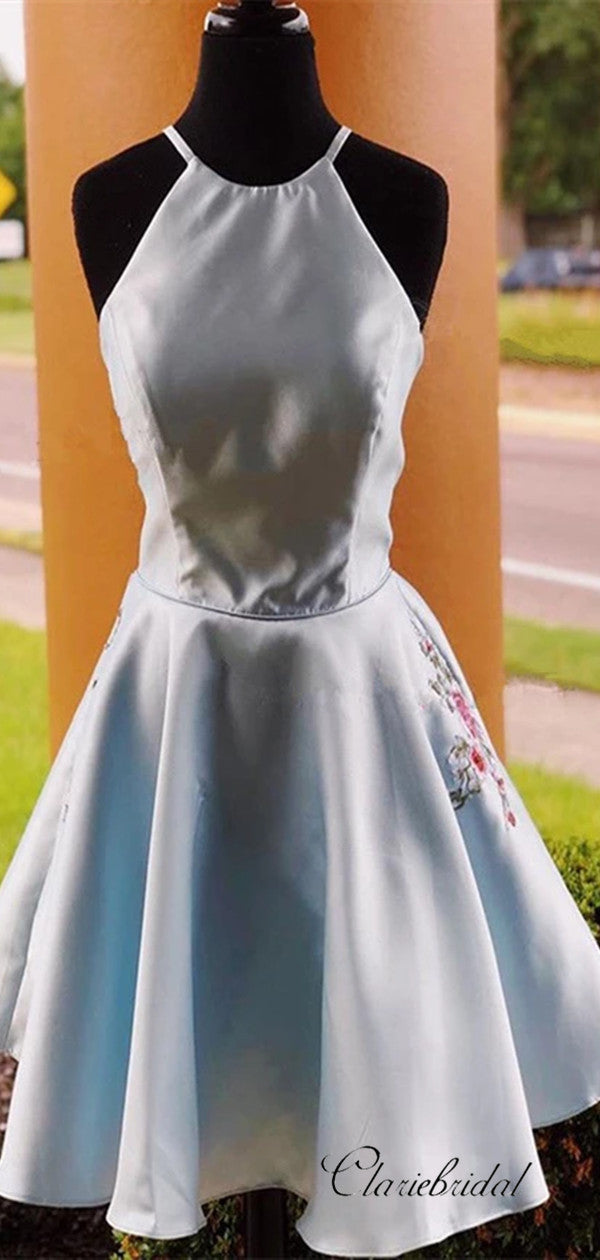 Halter Satin A-line Homecoming Dresses . Short Party Prom Dresses