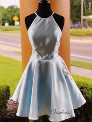 Halter Satin A-line Homecoming Dresses . Short Party Prom Dresses