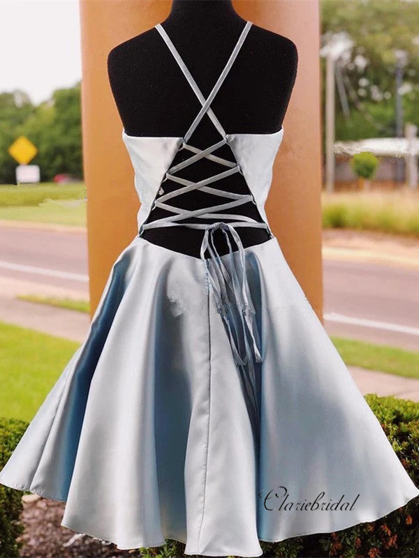 Halter Satin A-line Homecoming Dresses . Short Party Prom Dresses