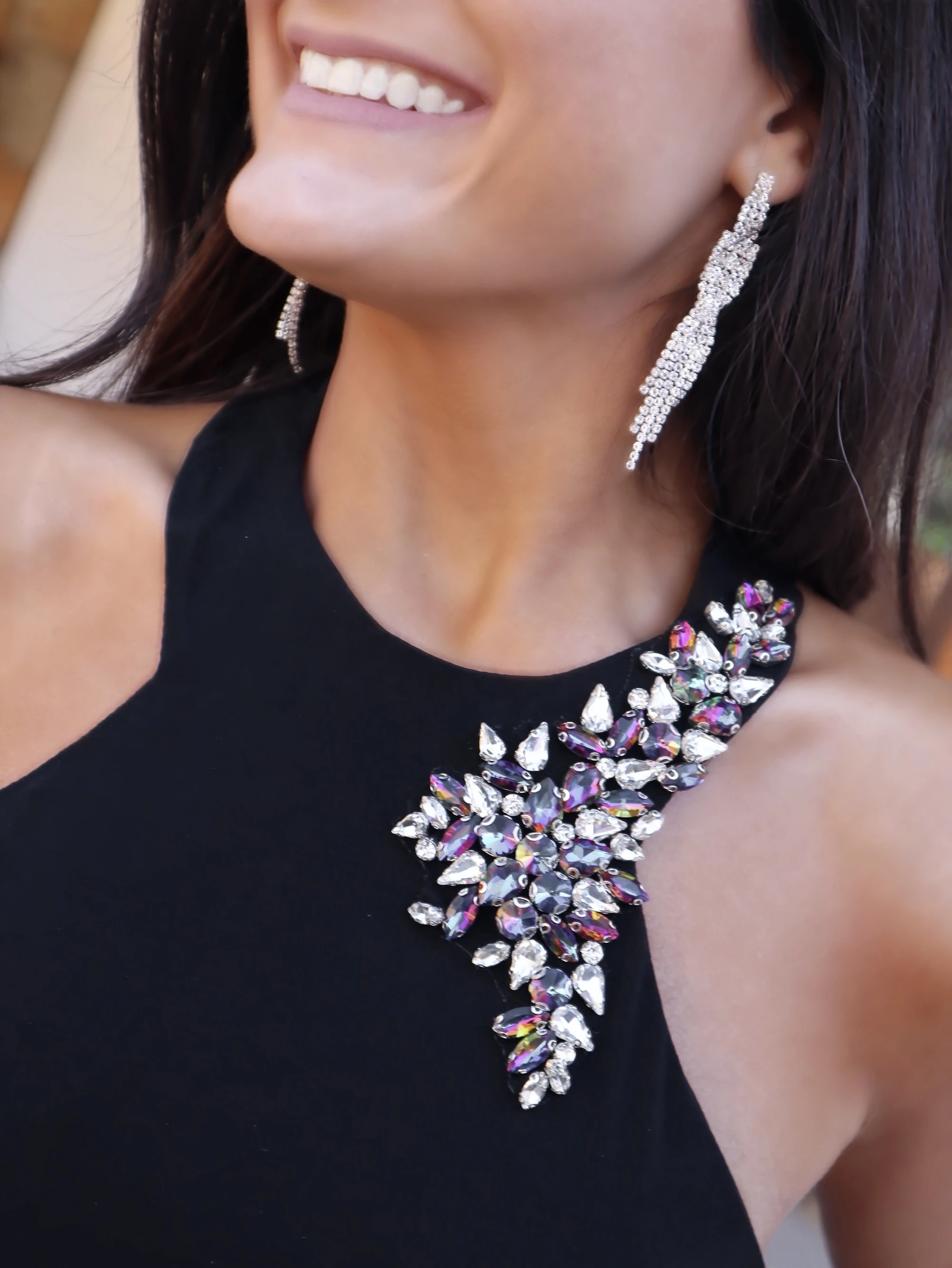 Elegant Black Jersey Rhinestone Beaded Prom Dresses, Mermaid Prom Dresses, Side Slit Prom Dresses
