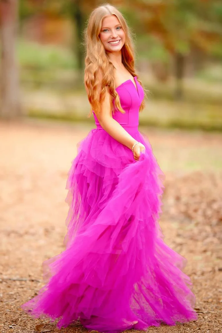Hot Pink Tulle A-line Evening Dresses, 2025 Newest Long Prom Dresses, Strapless Wedding Guest Dresses